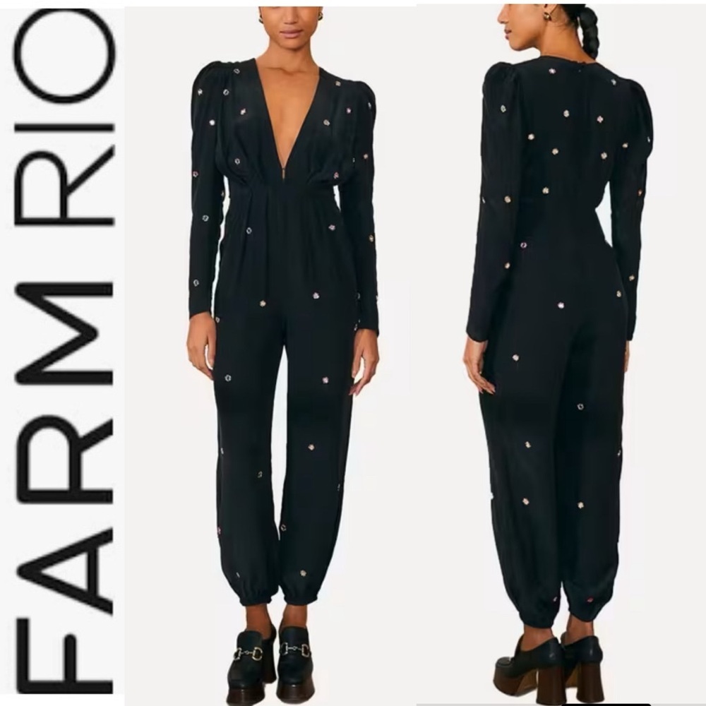 NWT Farm Rio Black Mirror Satin Jumpsuit with Embellishments s - Picture 5 of 16